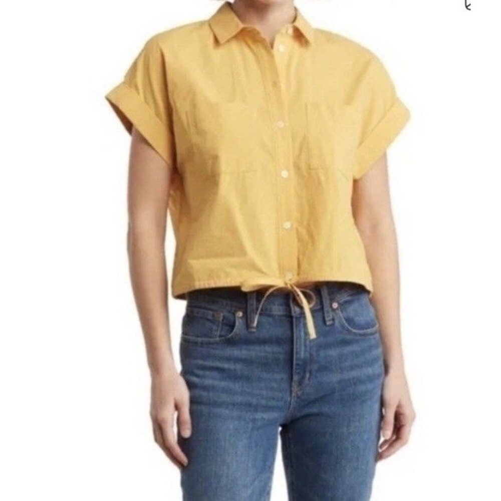 Madewel Women Drawstring Button-Up Poplin Shirt Top Cotton mustard Oversized S